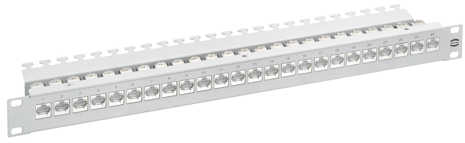 Ein Patchpanel mit 24 Ethernet-Ports, verwendet zur Organisation und Verwaltung von Netzwerkverbindungen in einem Serverraum.