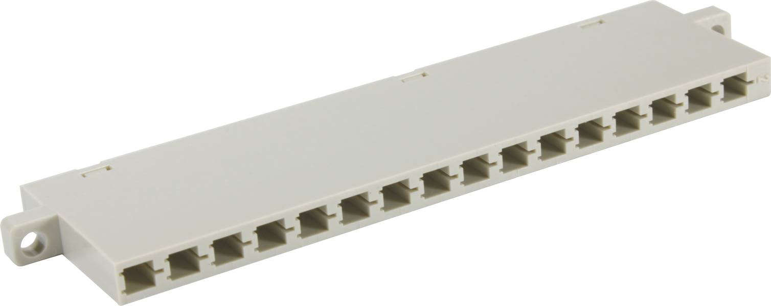 Ein graues Patchpanel mit 12 RJ45-Anschlüssen in zwei Reihen, zur Organisation und Verwaltung von Netzwerkkabelverbindungen.