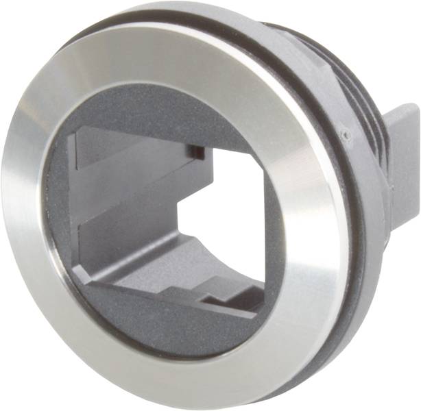 Rundes Metallteil, das eine rechteckige, leere Öffnung in der Mitte hat, möglicherweise Teil einer mechanischen oder elektronischen Vorrichtung.