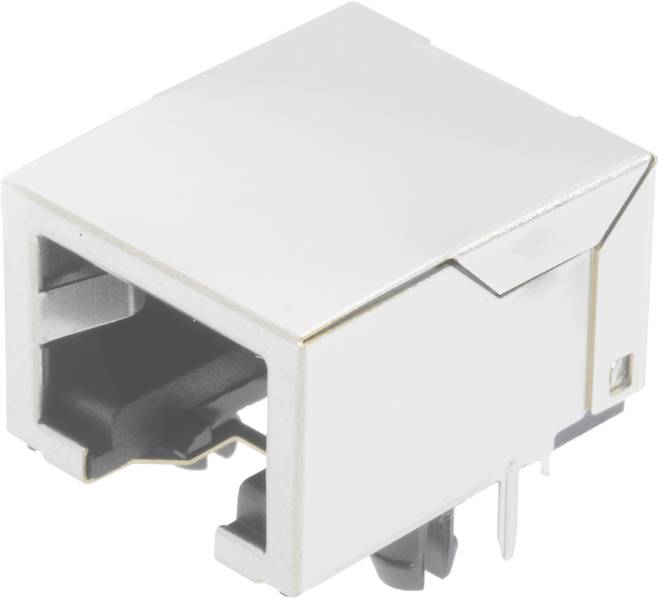 Ein metallbeschichteter RJ45-Anschluss für Ethernet-Kabel, typischerweise auf Leiterplatten montiert, zeigt Eingangs- und Befestigungsstifte.