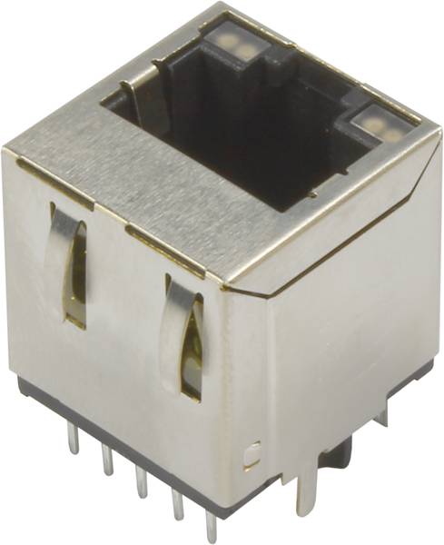 Ein einzelner RJ45-Netzwerkanschluss aus Metall, der aus einem Gerät herausragt.