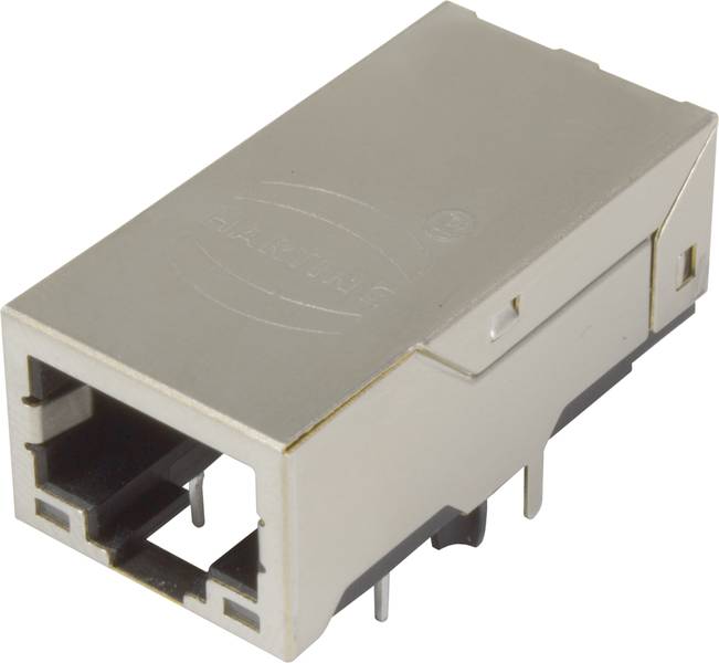 Ein RJ-45-Netzwerkstecker, metallisch und rechteckig, geeignet für die Verbindung von Ethernet-Kabeln in Netzwerkgeräten.