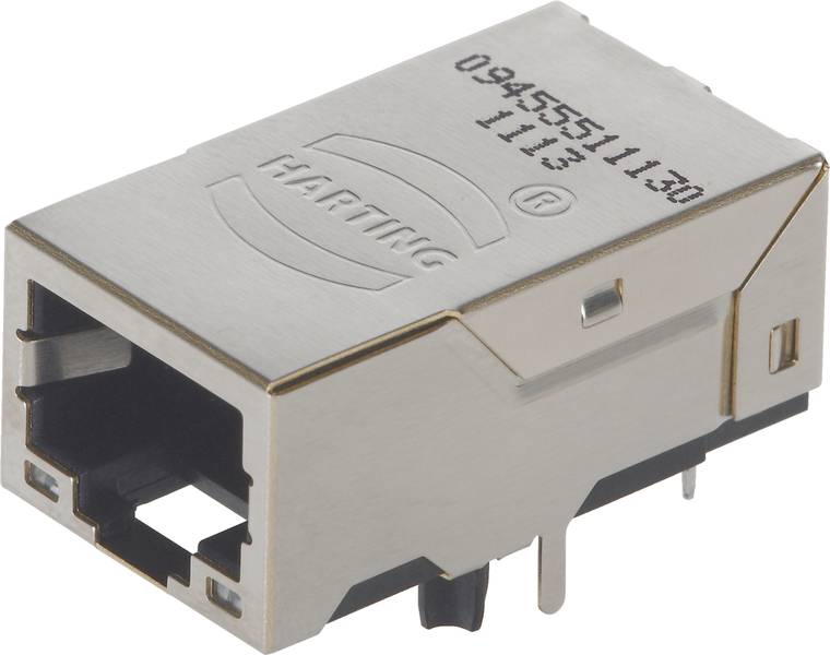 Metallgehäuse eines RJ45-Buchsenmoduls mit der Aufschrift 'HARTING', Produktnummern und Logo, zeigt die Buchsenöffnung.