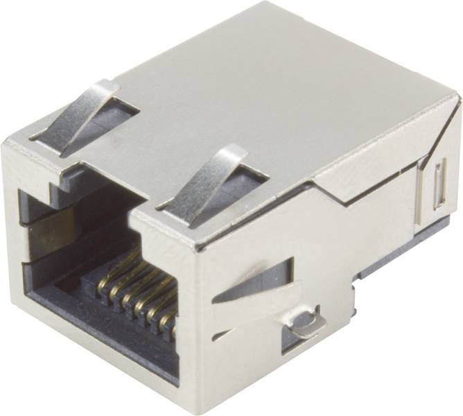 Ein RJ45-Ethernet-Anschluss in Nahaufnahme, zeigt die Metallkontakte und die äußere Metallumrahmung für Netzwerkverbindungen.