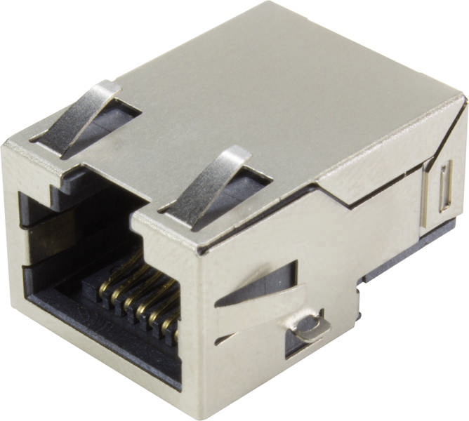 Ein RJ45-Anschluss aus Metall, verwendet für Ethernet-Netzwerkkabel, zeigt die Kontaktstifte für die elektrische Verbindung.