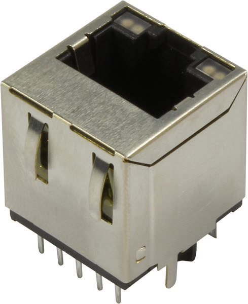Ein metallummantelter RJ45-Netzwerkanschluss mit mehreren Pins unten. Verwendet für Ethernet-Kabelverbindungen in Netzwerkgeräten.