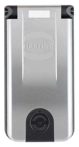 Silberne rechteckige Abdeckung mit dem Logo 'Harting', Kunststoff-Details an den Ecken, mechanisches Verriegelungssystem unten.