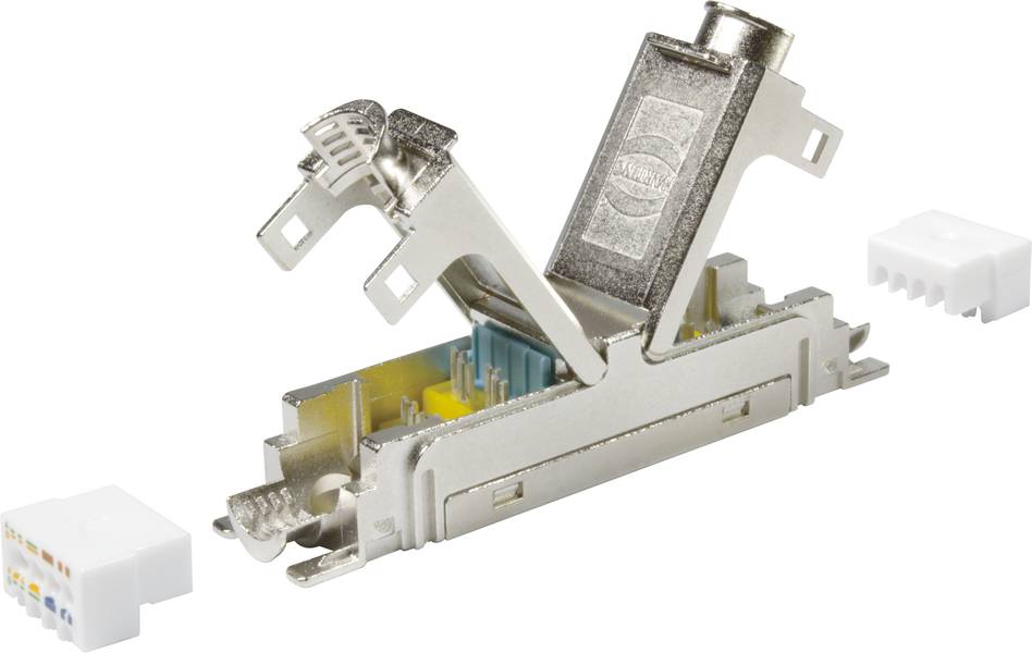 Abgebildet ist ein RJ45-Netzwerkstecker-Gehäuse mit geschirmtem Metallgehäuse, offen zur Veranschaulichung der inneren Struktur.