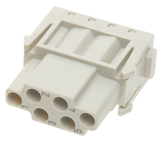 Ein sechspoliger, weißer elektrotechnischer Stecker mit nummerierten Anschlüssen von 1 bis 6, geeignet für industrielle Anwendungen.