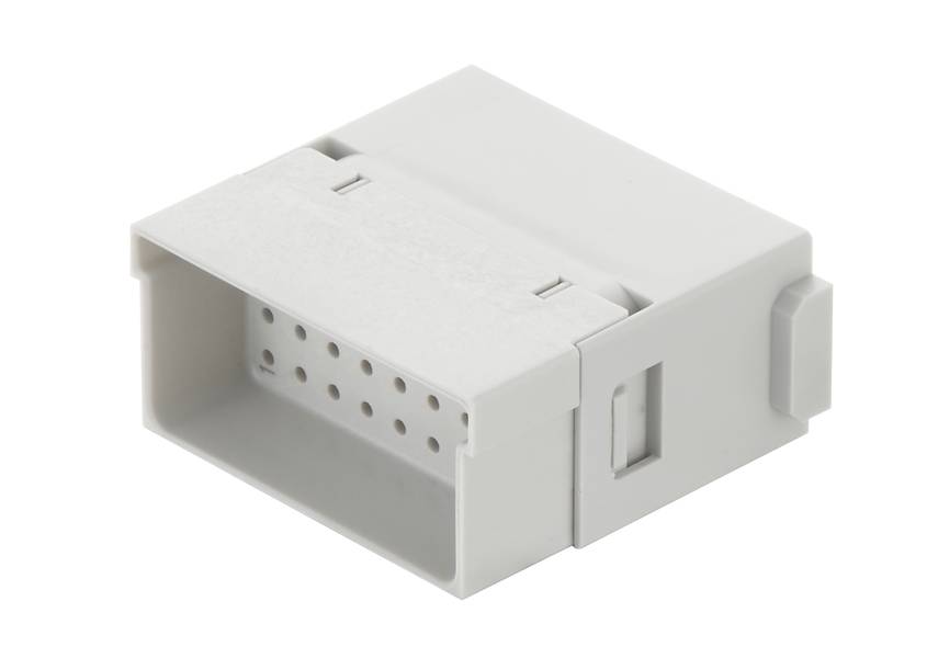 Ein rechteckiger, grauer Steckverbinder mit mehreren runden Löchern an der Vorderseite, geeignet für elektronische Verbindungen.