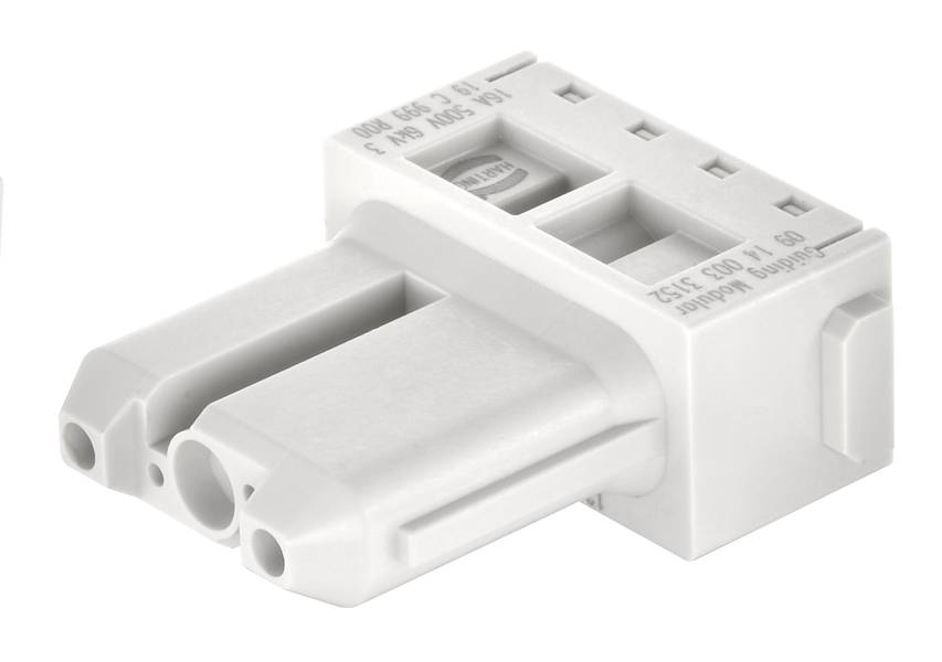 Ein weißer elektrischer Steckverbinder mit mehreren Anschlüssen, geeignet für industrielle Anwendungen, seitlich abgebildet.