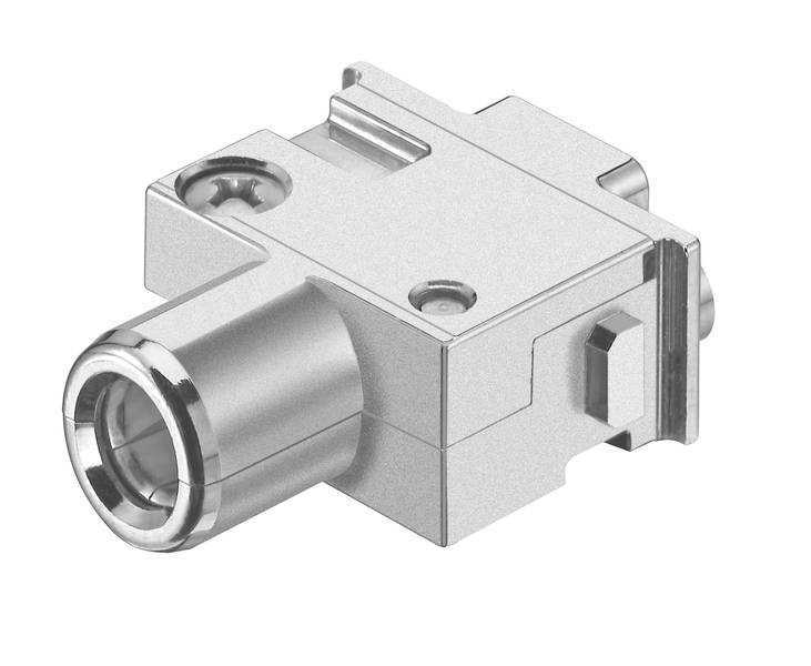 Metalladapter mit rechteckiger Form und rundem Anschluss, geeignet für elektronische Verbindungen.
