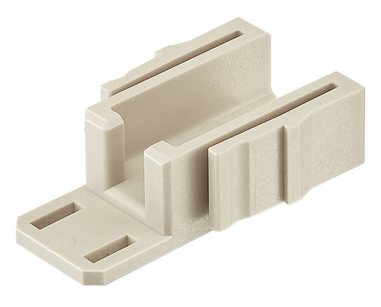 Beige Kunststoffhalterung mit zwei Schlitzen, geeignet zur Befestigung auf ebenen Flächen, zeigt eine einfache, rechteckige Bauweise.