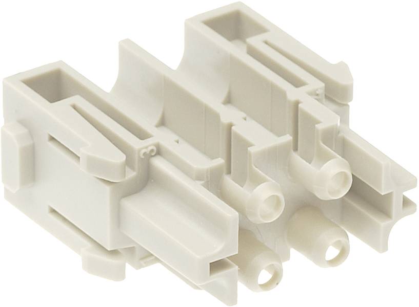 Ein weißer Kunststoff-Stecker mit mehreren Steckplätzen und Anschlusslöchern, geeignet für elektrische Verbindungen.