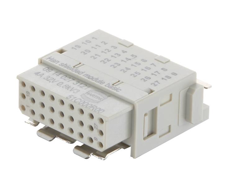 Elektrisches Steckergehäuse-Modul mit mehreren Steckplätzen und Beschriftungen für die Anschlüsse, Modellnummer auf der Seite.