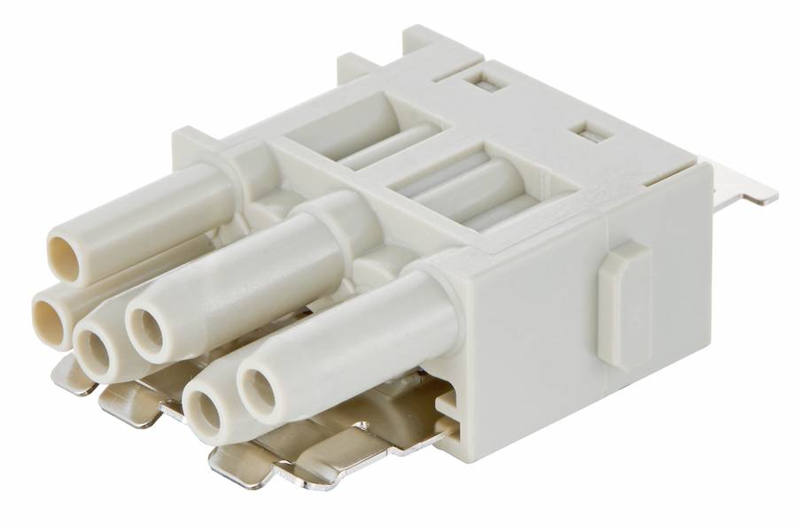 Kunststoff-Stecker mit vier Röhren und metallischen Kontakten, in einem rechteckigen Gehäuse, für elektrische Verbindungen.
