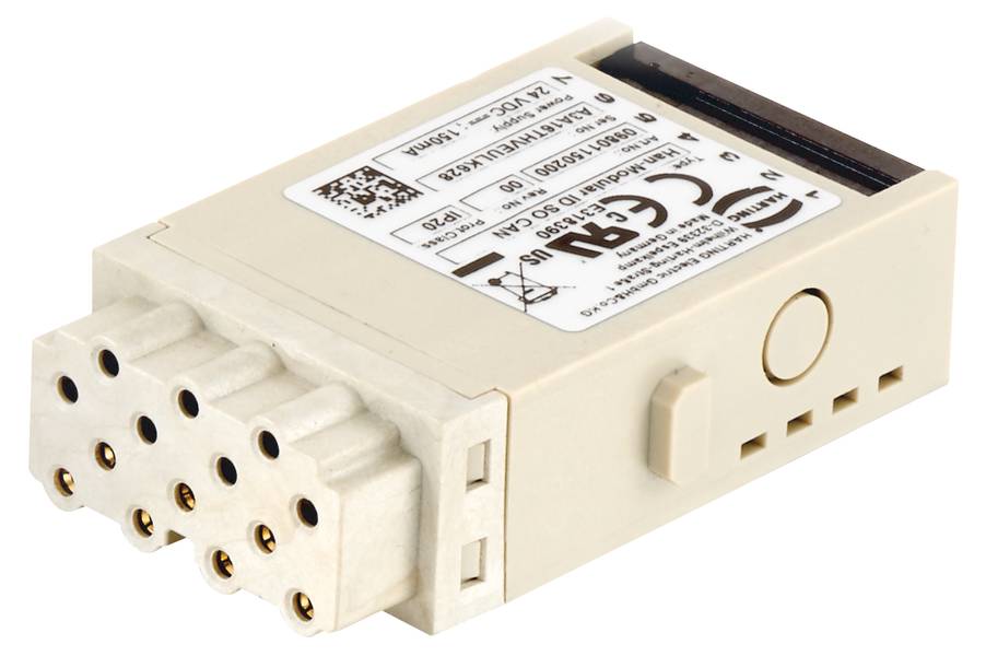Ein weißer, rechteckiger elektronischer Sensor mit mehreren Steckverbindungen und aufgedruckten technischen Informationen auf der Oberseite.