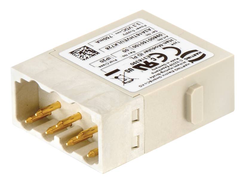 Ein rechteckiger elektronischer Steckverbinder mit mehreren goldenen Pins. Ein Etikett oben zeigt technische Spezifikationen.