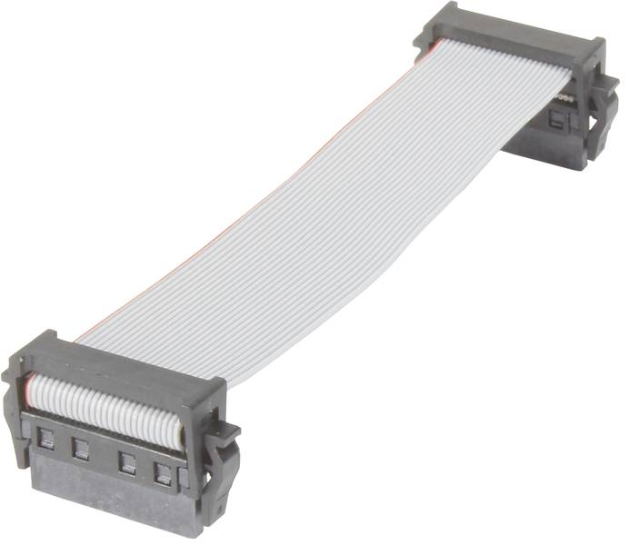 Ein graues Flachbandkabel mit Steckverbindern an beiden Enden, geeignet für den Anschluss von internen Computermodulen.