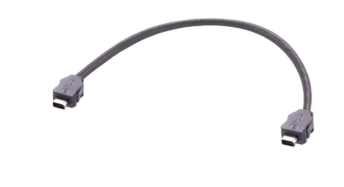 Ein graues Kabel mit zwei identischen Steckern, die sich gegenüberstehen, vor weißem Hintergrund.