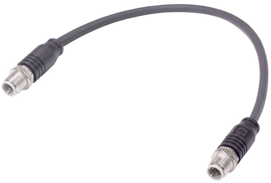 Ein schwarzes Kabel mit zylindrischen Steckverbindern an beiden Enden, für elektronische Verbindungen geeignet.