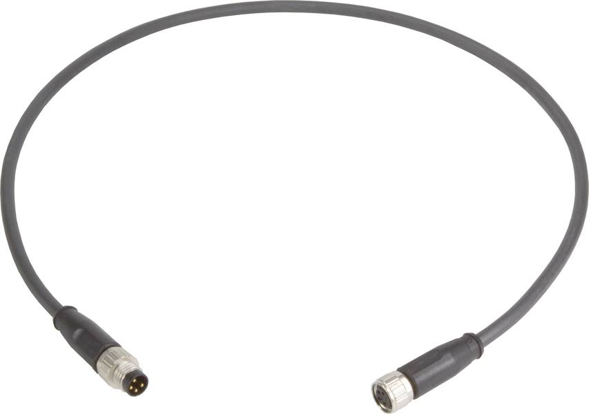 Ein industrielles M12-Kabel mit einem männlichen und einem weiblichen Stecker, für robuste elektronische Verbindungen konzipiert.