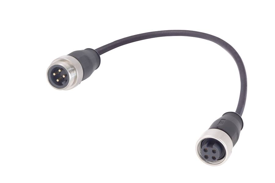 Ein schwarzes Kabel mit zwei runden Steckverbindern an den Enden auf weißem Hintergrund.