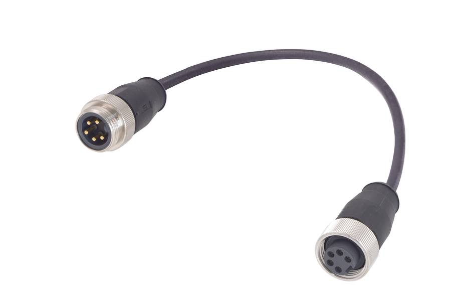 Ein schwarzes Kabel mit fünfpoligen Metallsteckverbindern an beiden Enden, das für elektrische oder Datenverbindungen verwendet wird.