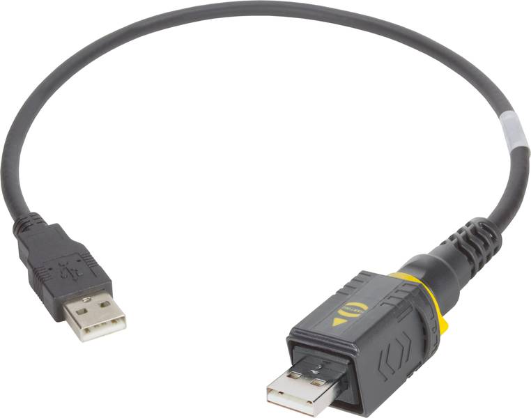 Ein schwarzes USB-Kabel mit einem Standard-USB-Stecker auf der einen Seite und einem gelben und schwarzen Stecker auf der anderen.