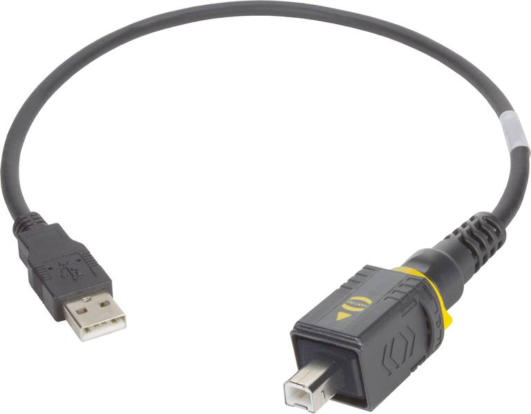 Ein USB-Kabel, das ein Standard-USB-A-Stecker auf der linken Seite und ein quadratischer USB-B-Stecker mit gelbem Etikett auf der rechten Seite verbindet.