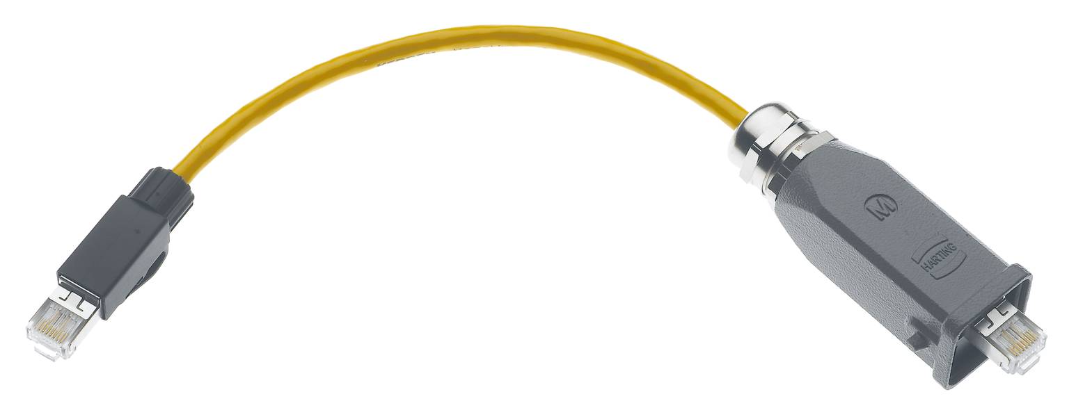 Gelbes Netzwerkkabel mit einem Standard- und einem besonderen Anschluss in Grau. Verbindet spezielle Geräte mit Netzwerkkomponenten.