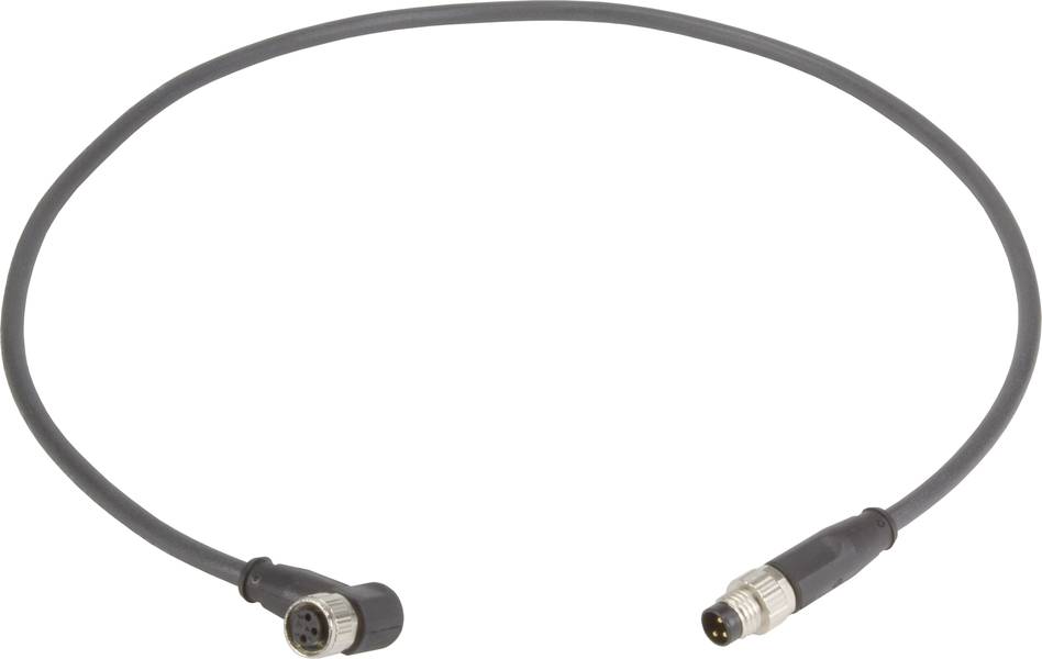 Ein schwarzes Kabel mit zwei runden Steckverbindern an den Enden, liegt auf einem weißen Hintergrund.