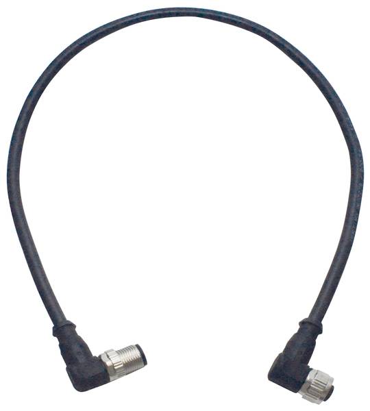 Ein schwarzes Kabel mit zwei rechtwinkligen Steckern an den Enden, jeweils in Metall und Kunststoff ausgeführt.
