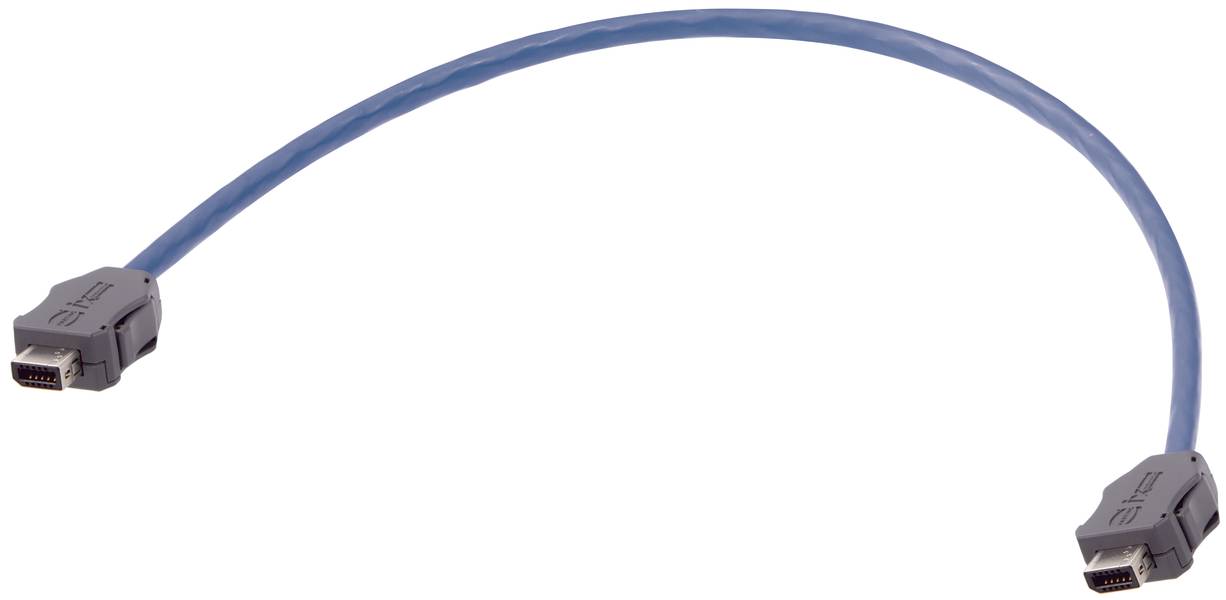 Ein blaues Kabel mit HDMI-Steckern an beiden Enden, geeignet für die Verbindung von elektronischen Geräten zur Übertragung von Audio- und Videosignalen.