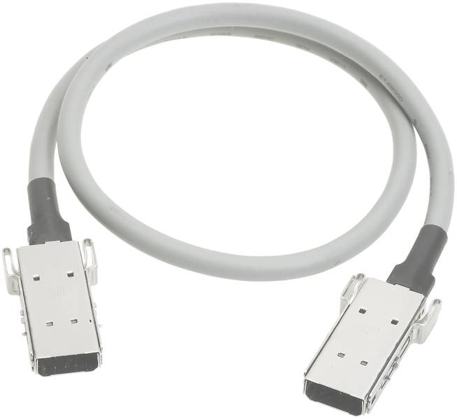 Ein graues Hochgeschwindigkeits-Datenkabel mit zwei identischen Metallsteckverbindern an den Enden, geeignet für Netzwerkverbindungen.