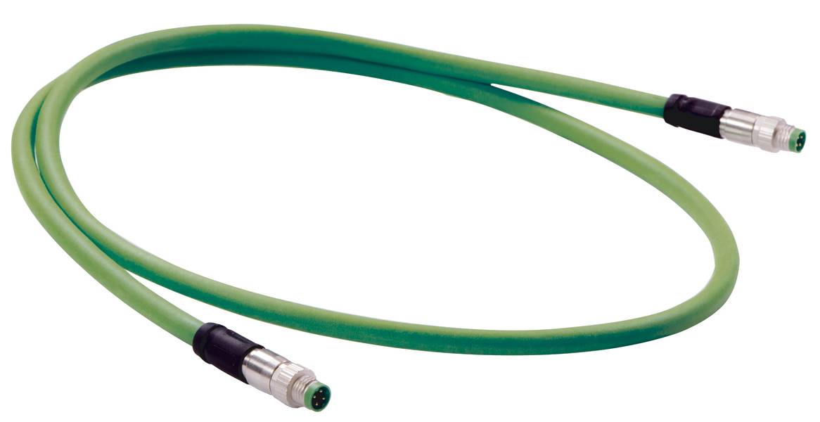 Ein grünes, flexibles Kabel mit Metallsteckverbindern an beiden Enden. Geeignet für elektronische oder industrielle Anwendungen.