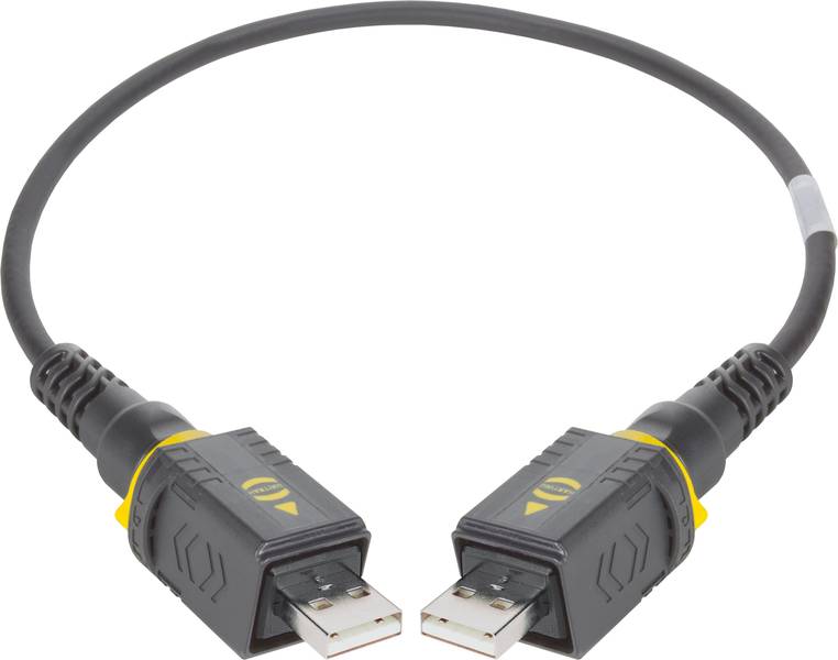 Ein schwarzes USB-Kabel, beidseitig mit USB-A-Steckern, für Datenübertragung oder Geräteverbindung, auf hellem Hintergrund.