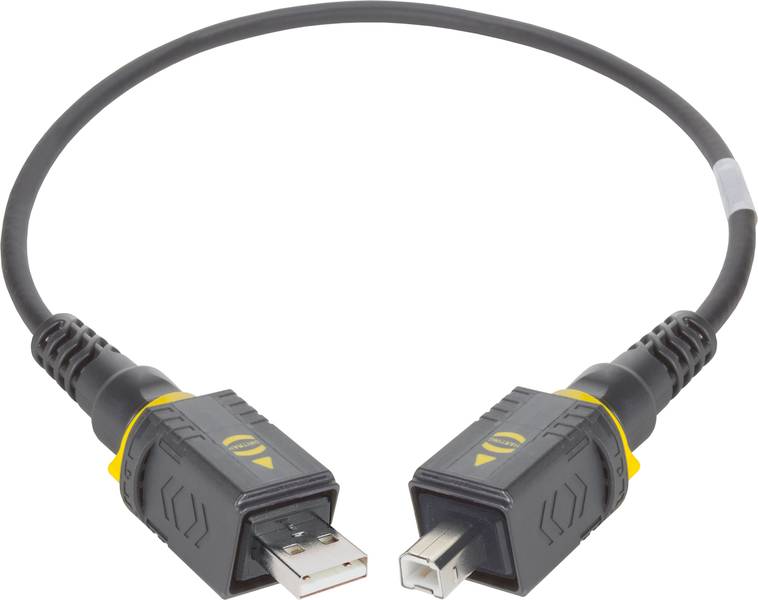 USB-Kabel mit einem Standard-USB-Stecker auf der einen und einem quadratischen USB-B-Stecker auf der anderen Seite.