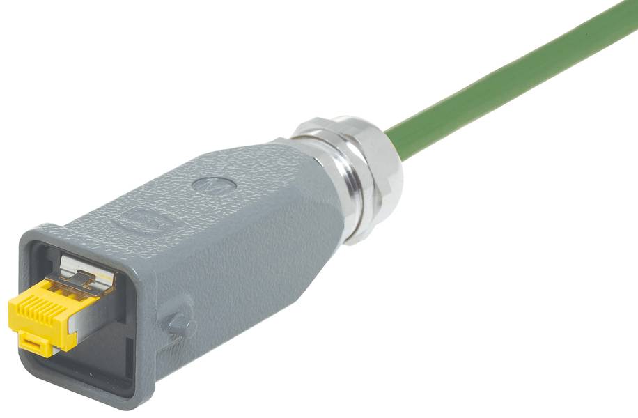 Ein grünes Ethernet-Kabel mit gelbem Stecker ist an einem grauen Schutzgehäuse befestigt.