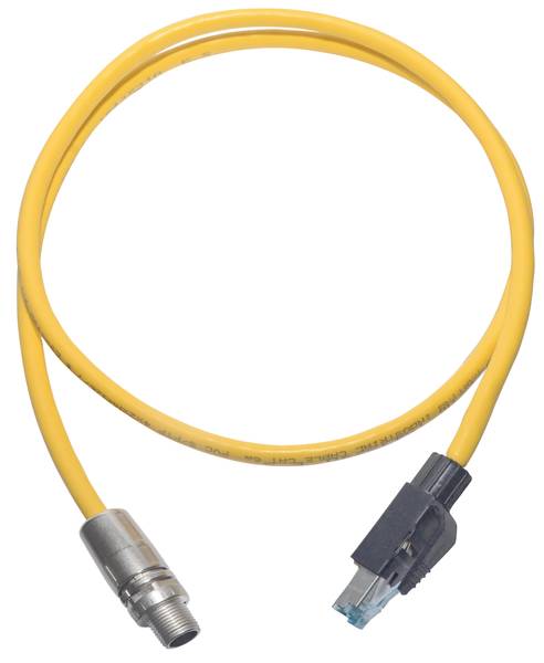 Gelbes Ethernet-Kabel mit einem RJ45-Stecker und einem rundem Metallstecker, geeignet für industrielle Netzwerkverbindungen.
