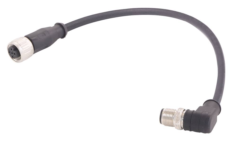 Schwarzes Kabel mit rechtwinkligem Steckverbinder und rundem Anschluss, geeignet für industrielle Anwendungen und Sensorik.