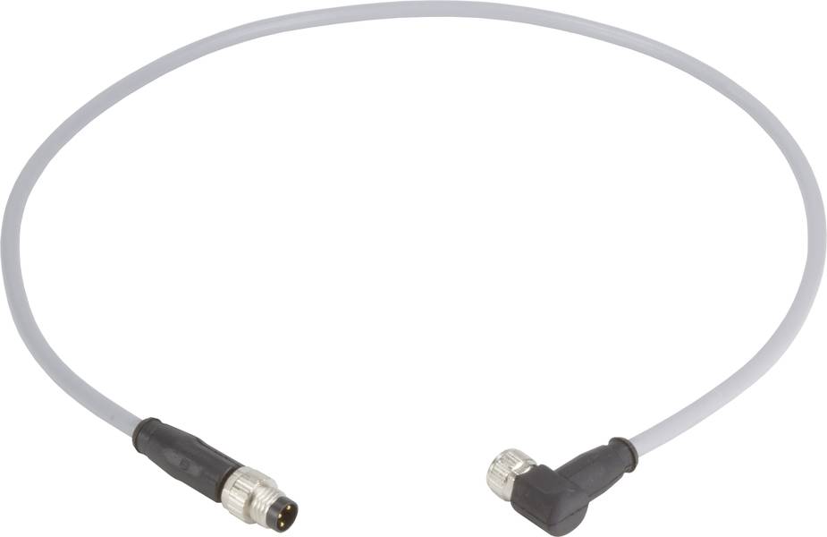 Graues Verbindungskabel mit einem geraden und einem rechtwinkligen Stecker, jeweils mit Metallanschluss. Geeignet für elektronische Geräte.