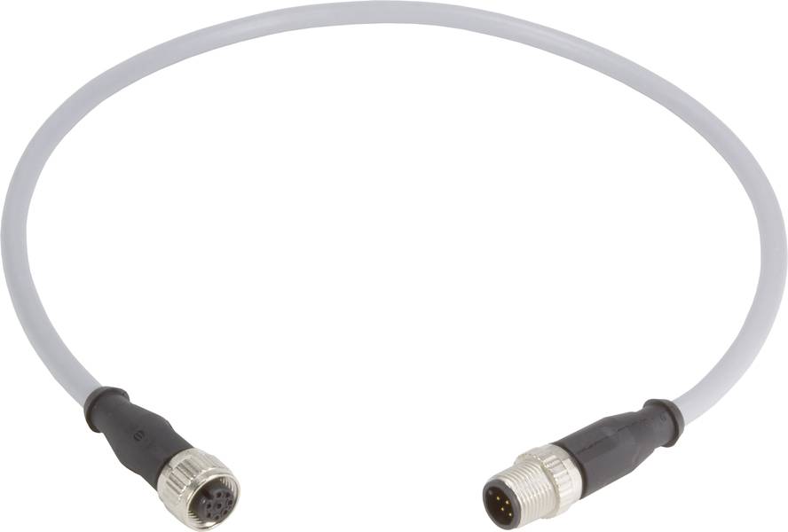 Ein M12-Steckverbinder mit grauem Kabel, an beiden Enden je ein männlicher und weiblicher Anschluss. Geeignet für industrielle Anwendungen.