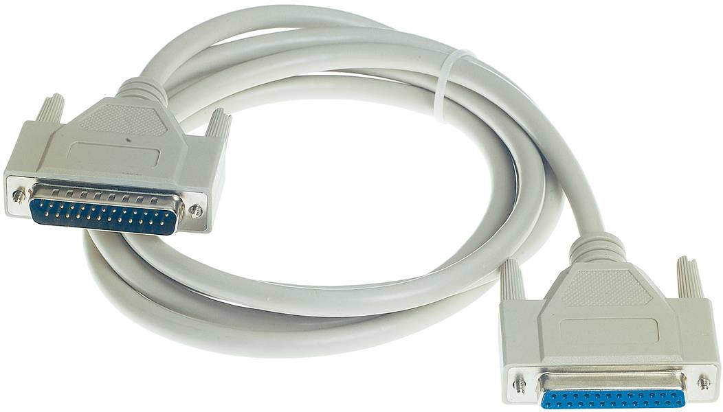 Ein graues paralleles Datenkabel mit zwei 25-poligen Steckern, hauptsächlich verwendet zur Verbindung von Computern und Peripheriegeräten.