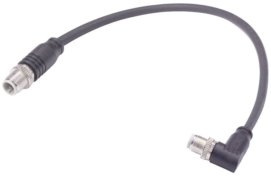 Ein schwarzes Koaxialkabel mit abgewinkelten F-Anschlüssen an beiden Enden, verwendet für TV- und Satellitenverbindungen.