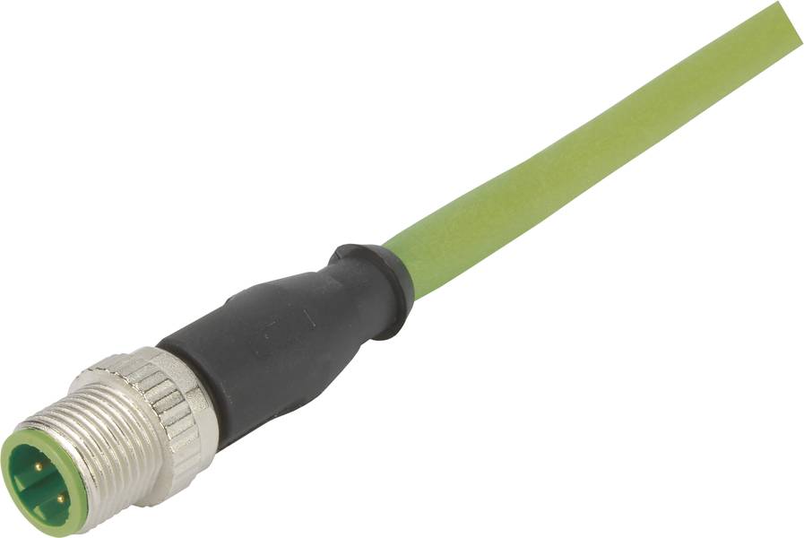 Grüner elektrischer Kabelstecker mit rundem Metallstecker und schwarzem Schaftende, vor weißem Hintergrund.