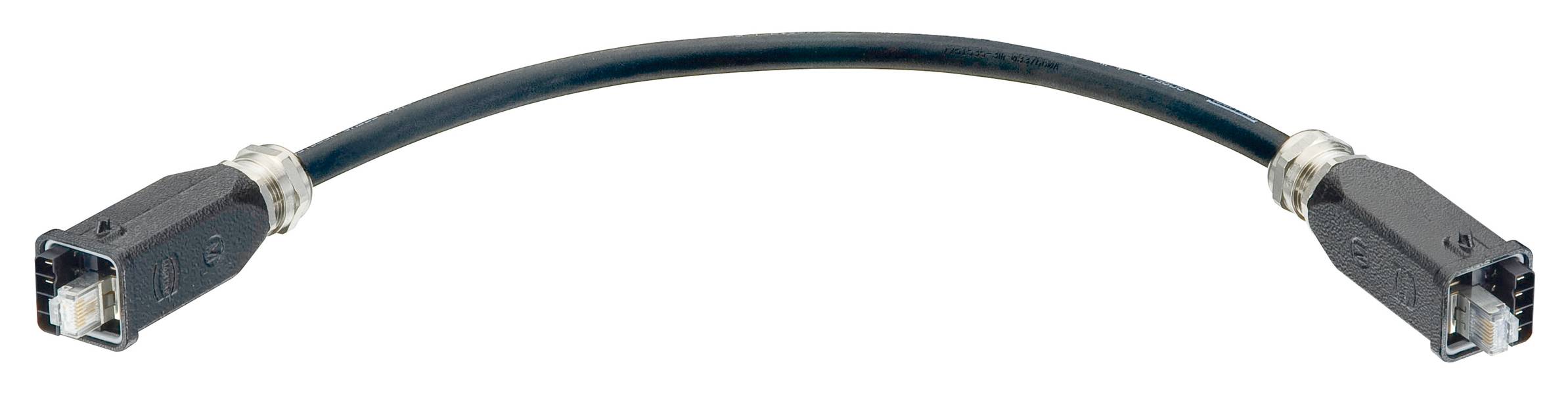 Ein schwarzes Datenkabel mit zwei Steckverbindern an den Enden.