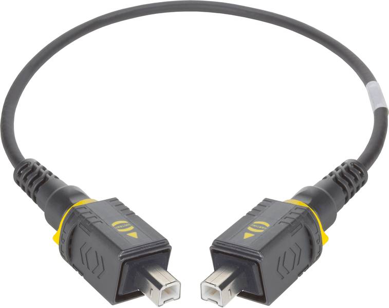 Ein USB 2.0 Kabel mit zwei quadratischen Steckern. Es wird häufig verwendet, um Peripheriegeräte an Computer anzuschließen.