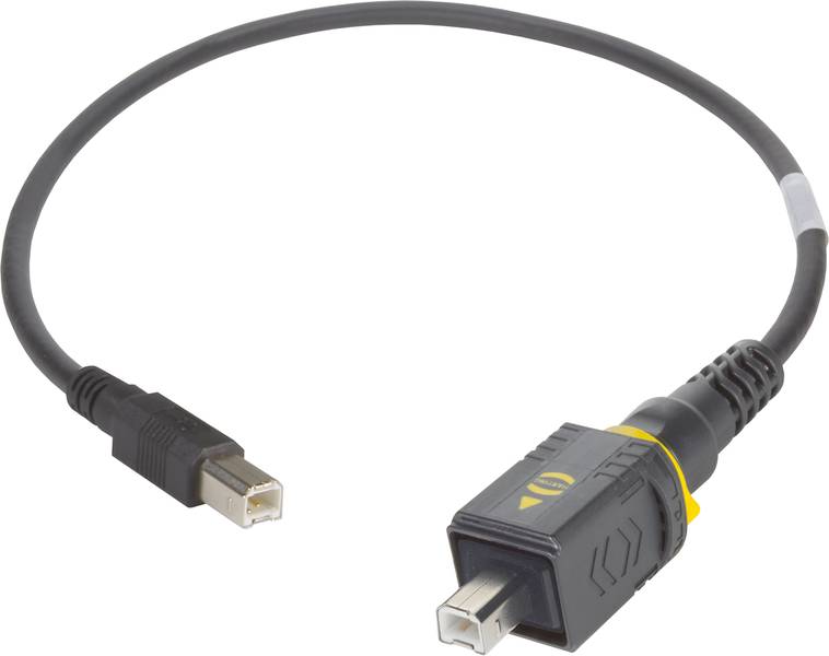 Ein FireWire-Kabel mit einem sechspoligen Stecker auf der linken Seite und einem vierpoligen Stecker auf der rechten Seite.