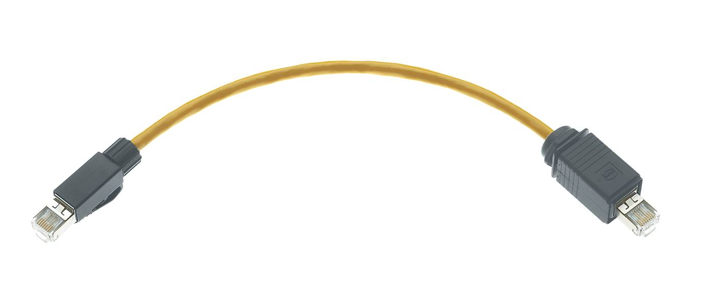 Gelbes Ethernet-Kabel mit zwei schwarzen Steckern an den Enden.